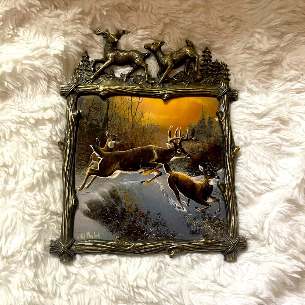 Collectible Whitetail Ceramic Piece In Bronzed Frame